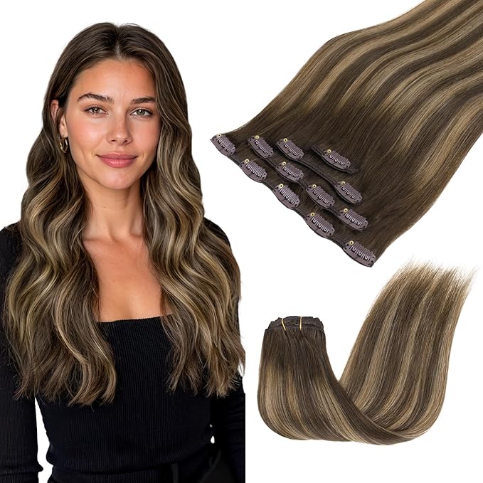 GOO GOO Clip in Hair Extensions Real Human Hair, Remy Human Hair Extensions Clip ins for Women, Natural Human Hair, 16inch 65g 4Pcs, 4/27/4 Balayage Chocolate Brown to Caramel Blonde