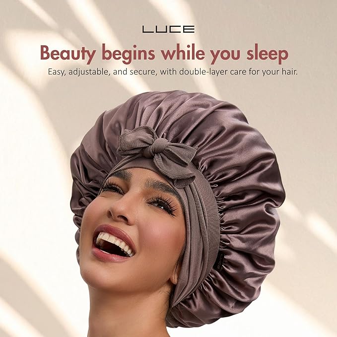 LUCE Satin Bonnet for Sleeping – Adjustable Double Layer Hair Cap for Women, Prevents Frizz & Breakage, Comfortable Night Cap