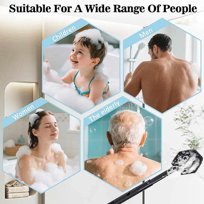Silicone Back Scrubber for Shower with 21" Extendable Handle–Dual-Sided Long Handle Bath Brush for Exfoliating&Massage–Non-Slip Grip, Gentle&Deep Cleansing Body Brush for Men, Women, Seniors (Black)