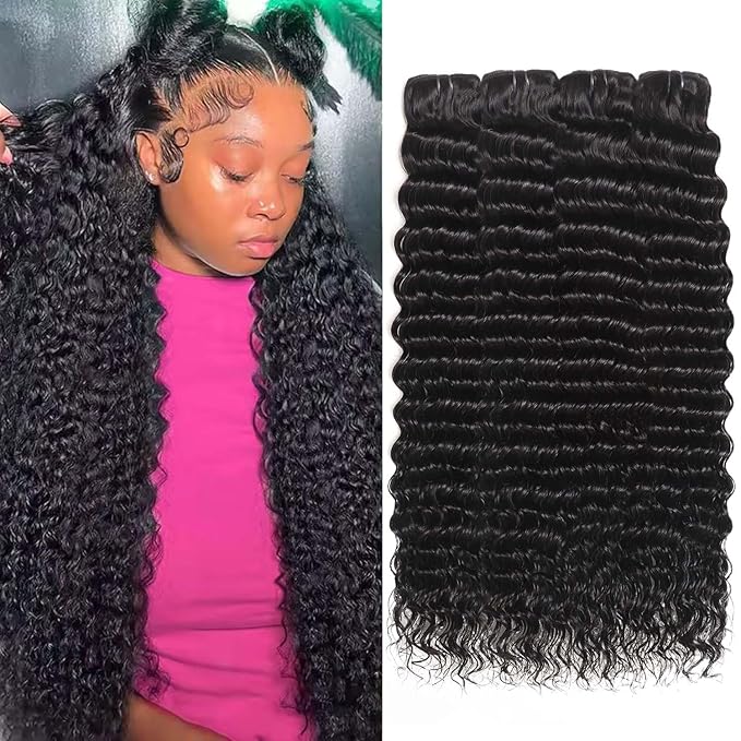 12A Deep Wave Human Hair Bundles 4 Pcs 18 20 22 24 Inch 100% Unprocessed Virgin Remy Hair Natural Black Water Wave Human Hair Extensions For Black Women