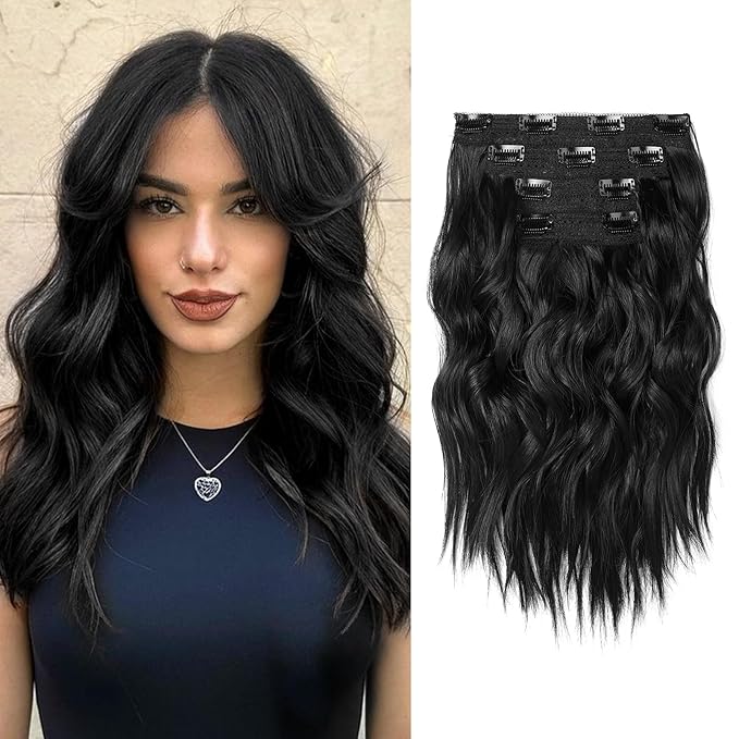 Hair Extensions, 14" Short Clip in Hair Extensions 4PCS Beach Wave Blonde Natural Soft Synthetic Hairpiece for Women - Black