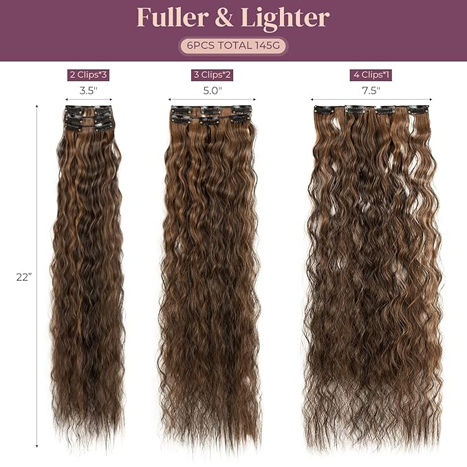 6PCS Clip In Hair Extensions-LONAI 24" Black Brown with Highlight Hair Long Mermaid Waves Synthetic Clip On Hairpiece For Women