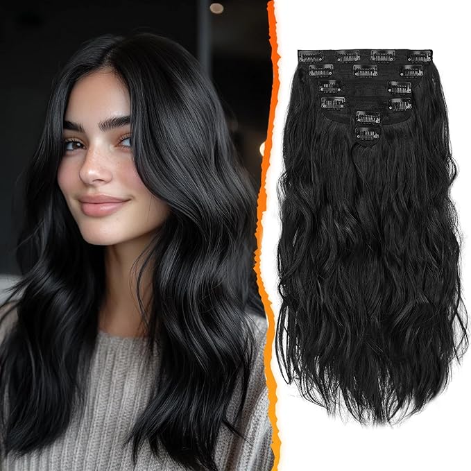 BARSDAR Wavy Black Clip in Hair Extensions - Black Wavy Clip in Hair Extensions for Women - 16 Inch 6 PCS Easy Wear Thick Soft Synthetic Natural Looking Hairpieces Daily Party Halloween