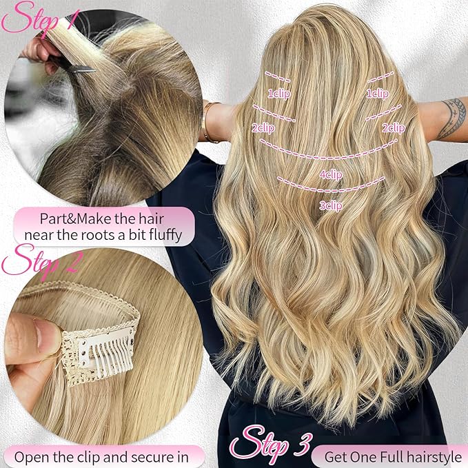 KooKaStyle Short Hair Extensions 6PCS 14 Inch Wavy Curly Hairpieces Synthetic Soft Lace Weft Clip in Hair Extensions-Ombre Brown to Mixed Blonde for Women