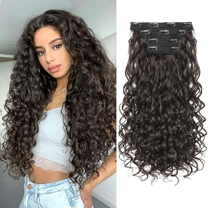 REECHO Curly Hair Extensions, 4PCS 20 inch Clip in Hair Extensions Lace Weft Short Curly Hair Extension Clip Ins Invisible Natural Hairpieces for Women, Off Black