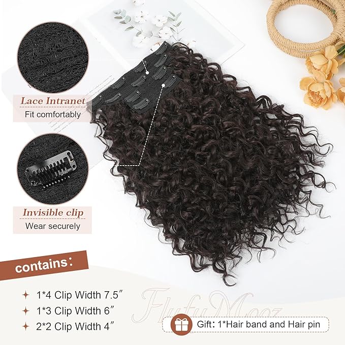 Clip in Hair Extensions, FLUFYMOOZ 4PC 100％ Pure Protein Silk Hair Extensions Long Soft Natural Hairpiece 16 Inch Curly Hair Extension for Women (Dark Chocolate Brown)