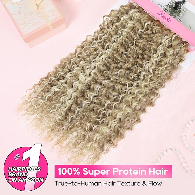 REECHO Hair Extensions - 4PCS 20" Water Wave Clip in Hair Extensions 100% Super Protein Silky Soft Natural Look with Invisible Lace Weft Hairpieces for Women - Honey Blonde with Highlights