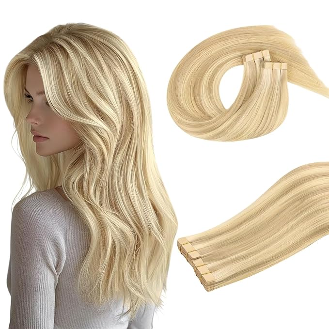 DOORES Hair Extensions Human Hair, Drity Blonde Highlight Golden Blonde 40pcs 80g 12 Inch, Human Hair Extensions Tape in Straight Hair Real Human Hair