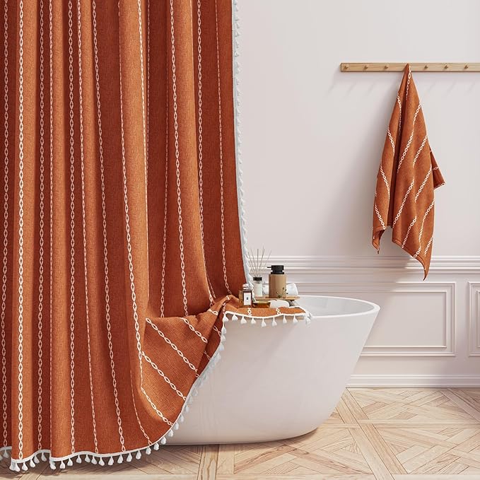 BTTN Boho Farmhouse Shower Curtain - Linen Rustic Heavy Duty Striped Fabric Shower Curtain Set with Tassel, Bohemian Vintage Country Cloth Shower Curtains for Bathroom，Orange，72"W x 96"L (Pack of 1)