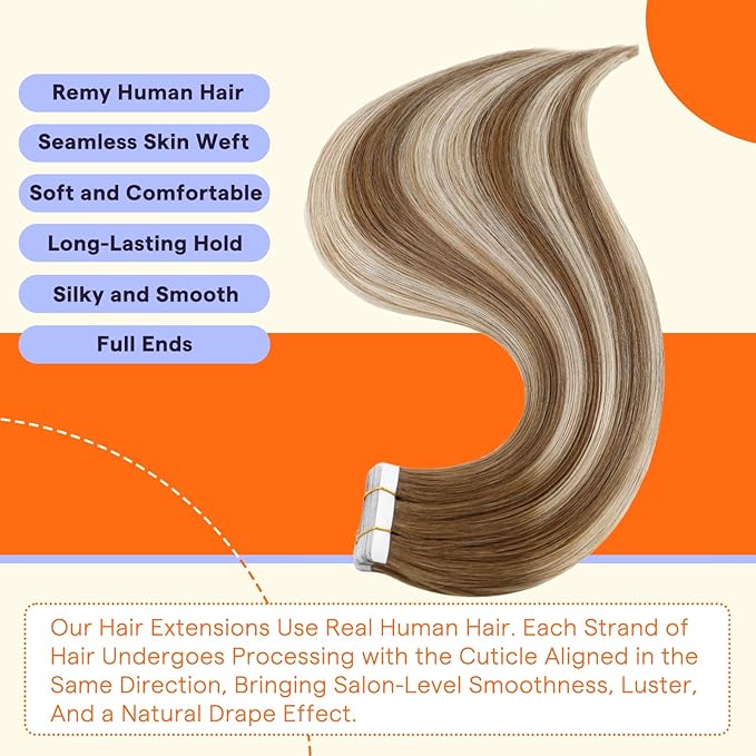 Full Shine Tape in Hair Extensions 20 Inch Tape Extensions for Women Color 6 Fading to 6 Brown and 60 Platinum Blonde 50 Gram Seamless Human Hair Extensions Tape Ins 20 PCS Add Length