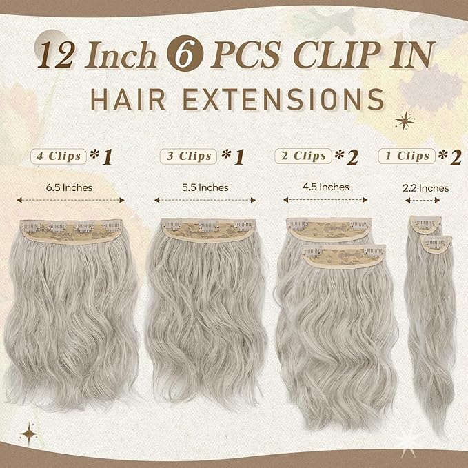BARSDAR Short Wavy Silver Grey Clip in Hair Extensions - 12 Inch Gray Hair Extensions Clip in for Women - 6PCs Thick Soft Synthetic Clip-ins Hairpieces Daily - Silver Grey