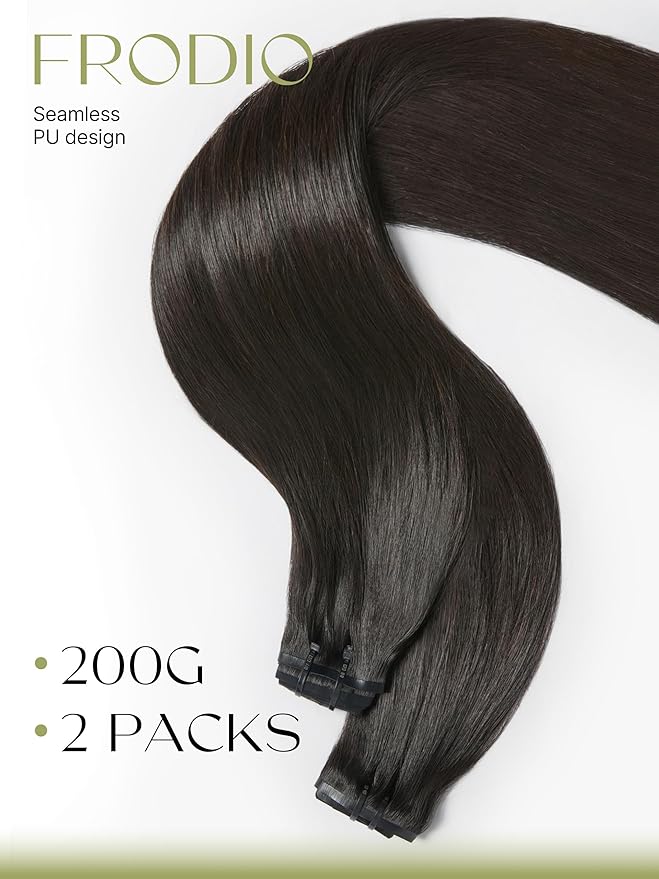 Frodio Clip Ins Hair Extensions Black: 2 Pack 200g Remy Real Human Hair Pu Seamless Silk Long Straight Invisible Full Thick Brazilian Jet Black Natural Color Beauty For Women Can Be Body Wave 14 Piece