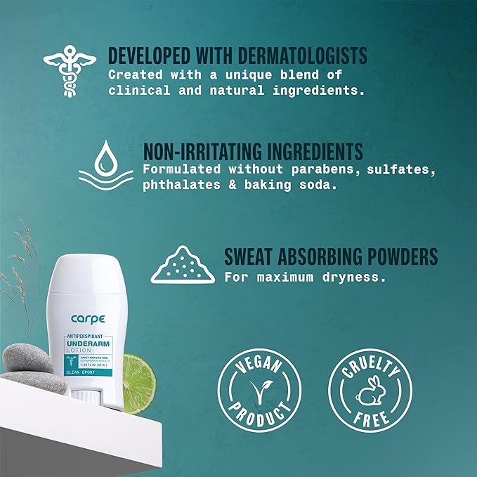 Carpe Deodorant Underarm Antiperspirant - Advanced Sweat & Odor Protection Formula - Sport Deodorant for Men & Women - Combat Excessive Sweating with Odor Control - Clean Sport Scent (Pack of 2)