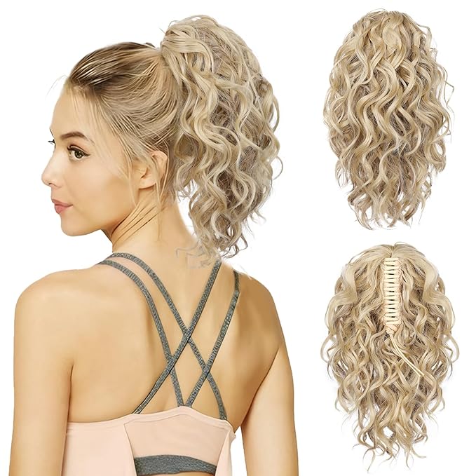 Flufymooz Ponytail Extension, 12" Short Claw Ponytail Extension Wavy Curly Jaw Clip in Pony tails Hair Extension Natural Synthetic Hairpiece for Women (Ash Blonde with Highlight)