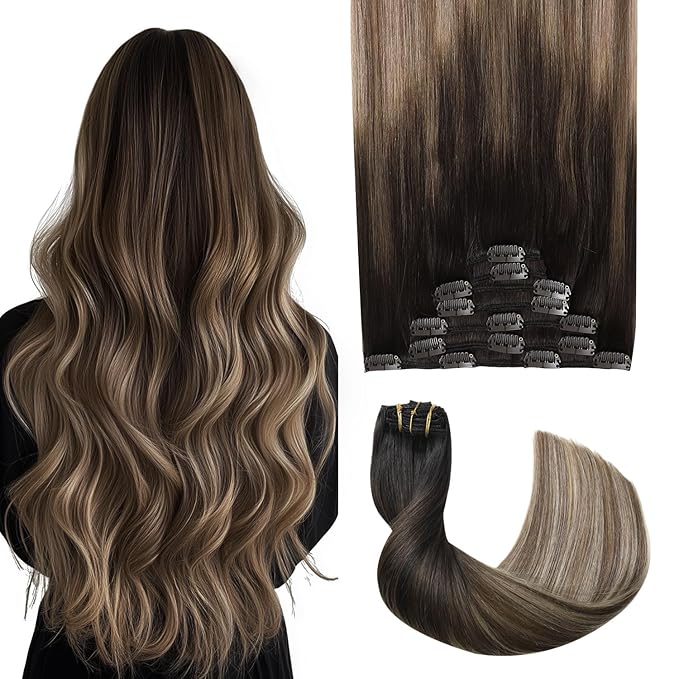 Pro2.0 Remy Clip in Extensions Real Human Hair #1b/4/27 Natural Black to Chocolate Brown and Caramel Blonde Clip in Hair Extensions Real Human Hair 18inch 120g Thick 7pcs（#1b/4/27-18inch）
