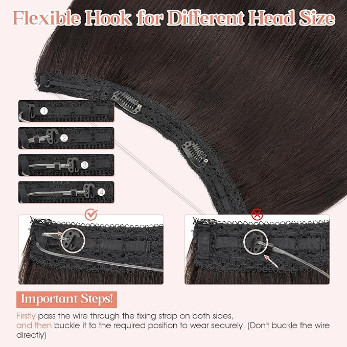 Hairro Wire Hair Extensions Human Hair, Fish Line Invisible Adjustable & Clips in Extensions Straight, 100% Real Hairpieces Seamless Blending for Women, 20 Inch 100g Natural Black