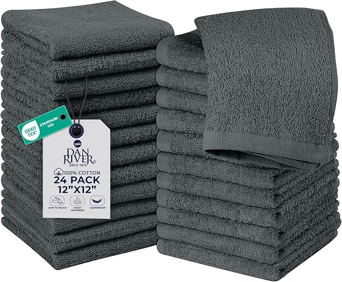 DAN RIVER 24 Pack Wash Cloths for Showering [12x12] - 100% Cotton Washcloths Premium Quality Flannel Face Cloths for Bathroom, Highly Absorbent and Soft Feel Wash Clothes, Gray