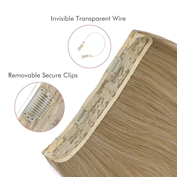 REECHO Invisible Wire Hair Extensions with Transparent Headband Adjustable Size Removable Secure Clips in Straight Secret Hairpiece for Women (24 Inch (Pack of 1), Honey Bronde)