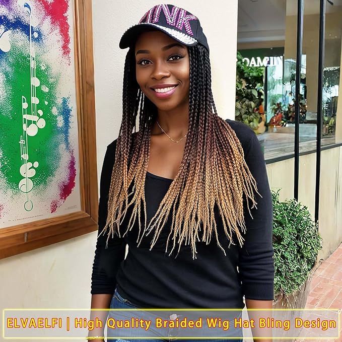 Bling Cap w/18 inch 3X Braids Wigs 100 Strands, Ombre Brown Hair Extensions, Breathable & Effortless Chic