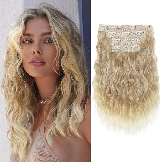 REECHO Clip in Hair Extensions, 4PCS Hair Extensions 14" Short Wavy Invisible Lace Weft Natural Soft Hairpieces for Women – Dark Blonde with Light Ends