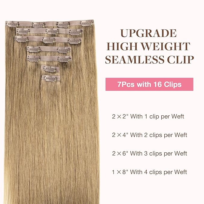 GOO GOO Clip in Hair Extensions Real Human Hair, Remy Human Hair Extensions Clip ins for Women, Natural Human Hair, 18inch 110g 7Pcs, 7 Bronde