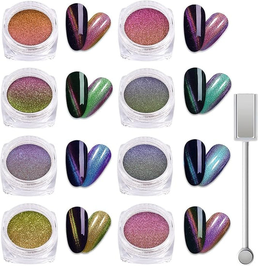 Laza 8 Colors Cat Eye Chrome Nail Powder Chameleon Magnetic Powder 3D Cat Eye Mirror Effect Pigment Dust Magic Galaxy Effect Glitter with Magnetic Stick for Velvet Nail Art - Discolor Candy