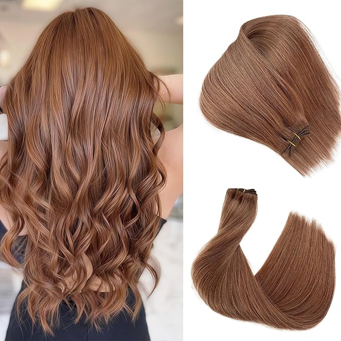 Auburn Weft Hair Extensions Sew in Human Hair Wefts for Women, 18 Inch 100G Silky Straight #30 Auburn Brown Bundle Double Weft Hand Tied Sew in Extensions Real Human Hair Weave