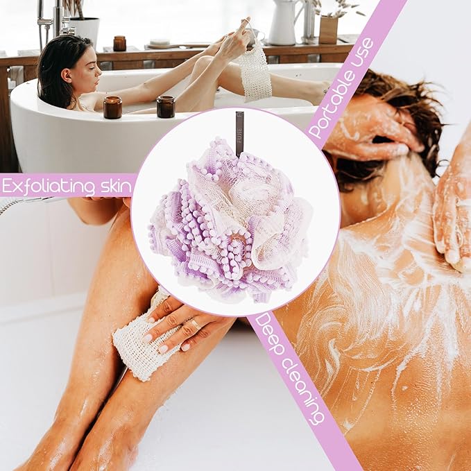Loofah, Shower Bath Spong, Soft Shower Loofahs Balls, Globose lace Shower Ball, for Body Wash Scrubber Cleaning Loofah Bathroom Accessories (2Pcs) (Purple)