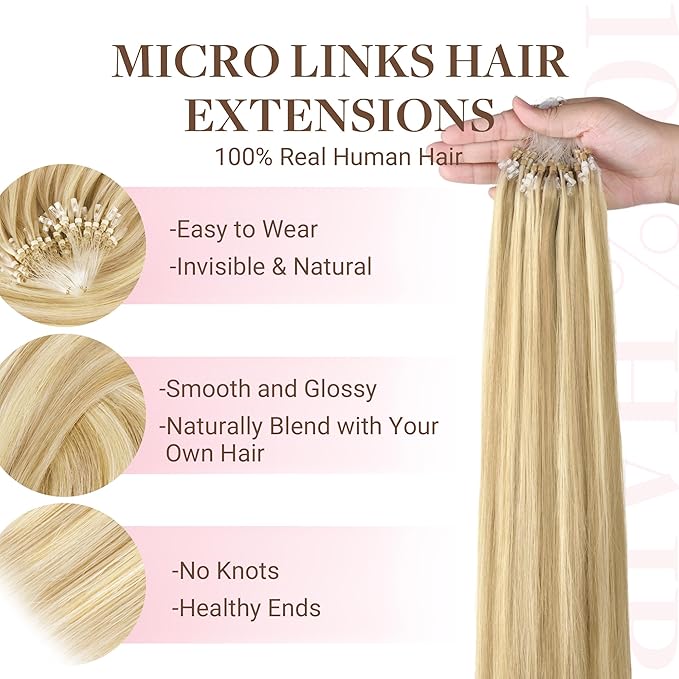 GOO GOO Micro Link Hair Extensions Real Human Hair, Upgraded 100g 100S, 20 Inch Cold Fusion Microlinks, Invisible Remy Hair, 16/22 Light Blonde Highlighted Golden Blonde