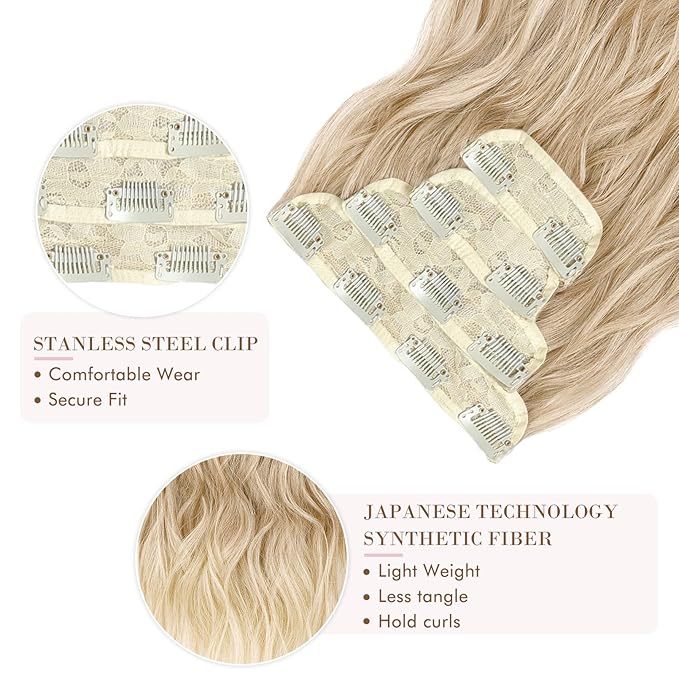REECHO Hair Extensions, 4PCS Clip in Hair Extensions HE001 Natural Soft Synthetic Hairpieces for Women (20 Inch-200 Gram (Pack of 4), Dark Blonde with Light Ends)