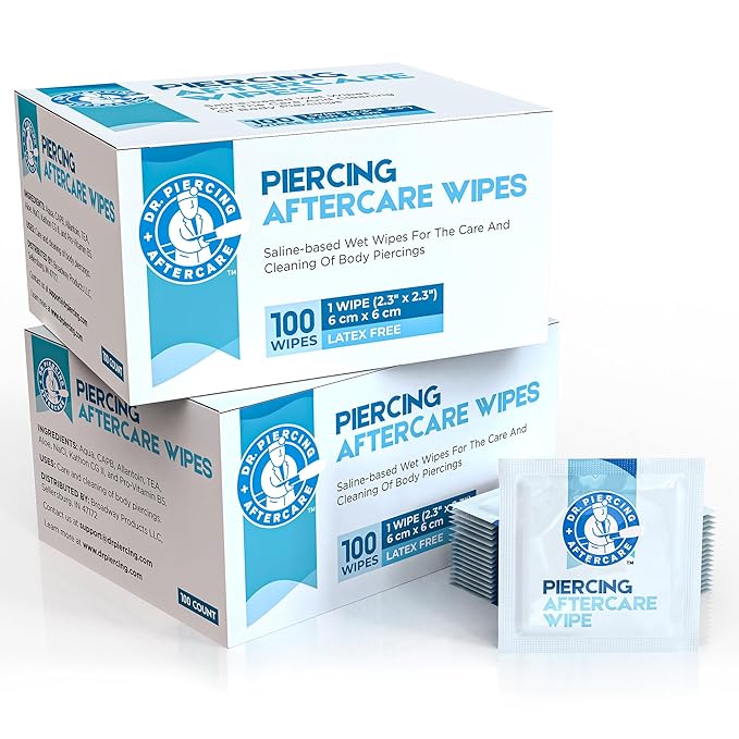 Dr. Piercing Aftercare Wipes – Piercing Aftercare | Saline Solution for Piercings - Keloid Bump Ear Piercing Cleaner – Ears Lips Belly Nose Piercing Bump - Piercing Hole Cleaner (200 Count)
