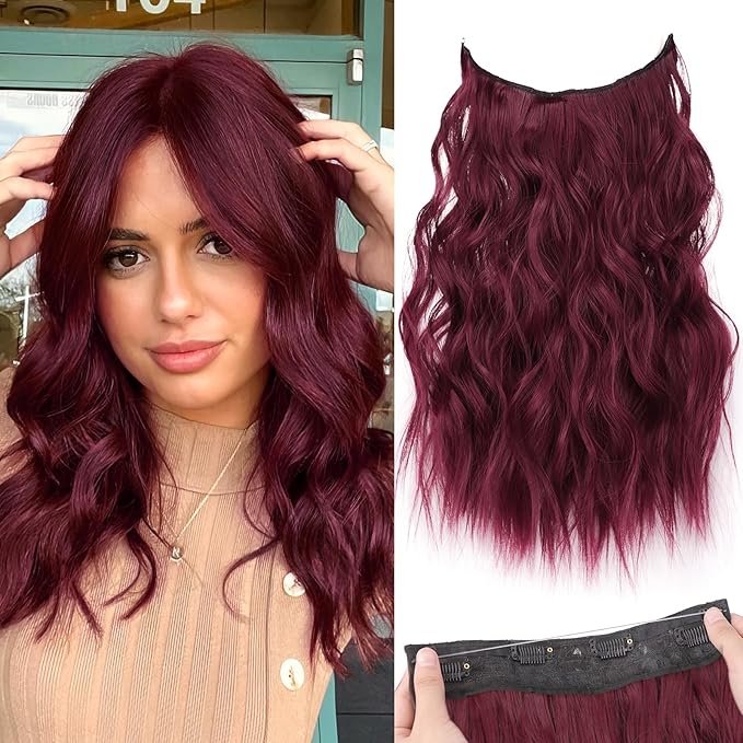 KooKaStyle Invisible Wire Hair Extensions with Transparent Wire Adjustable Size 4 Secure Clips Long Wavy Secret Hairpiece (16 Inch, Burgundy)