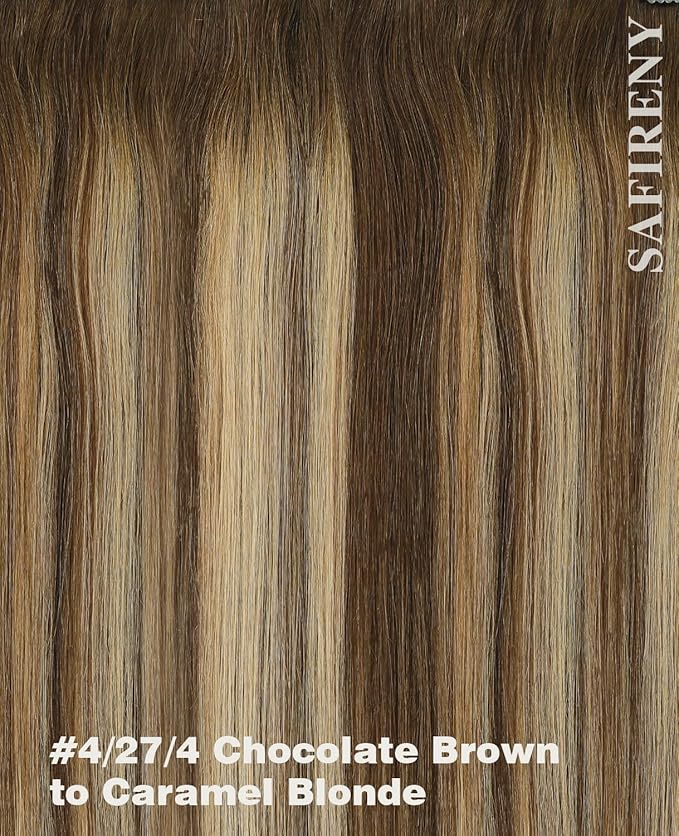 Clip in Hair Extensions Real Human Hair,Balayage Chocolate Brown To Caramel Blonde, 18 Inch 160g Natural Straight Clip On Hair extensions 7pcs Per Set with 19 Clips (H#4/27/4,18")