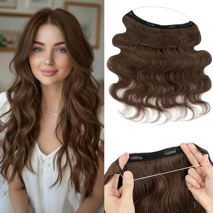 Halo Hair Extensions Real Human Hair,Halo Hair Extension 100% Human Hair,Wire Hair Extensions,Wavy Natural Brown 20inch/70g