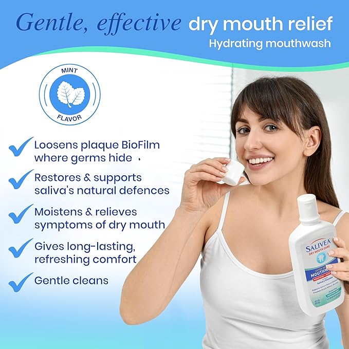 SALIVEA Dry Mouth Mouthwash - Soothing Mint Mouthwash with Natural Salivary Enzymes - Gentle Mouthwash to Aid Dry Mouth Care - Breath Freshener & Dry Mouth Care - Mint Flavor (16 oz Bottle)