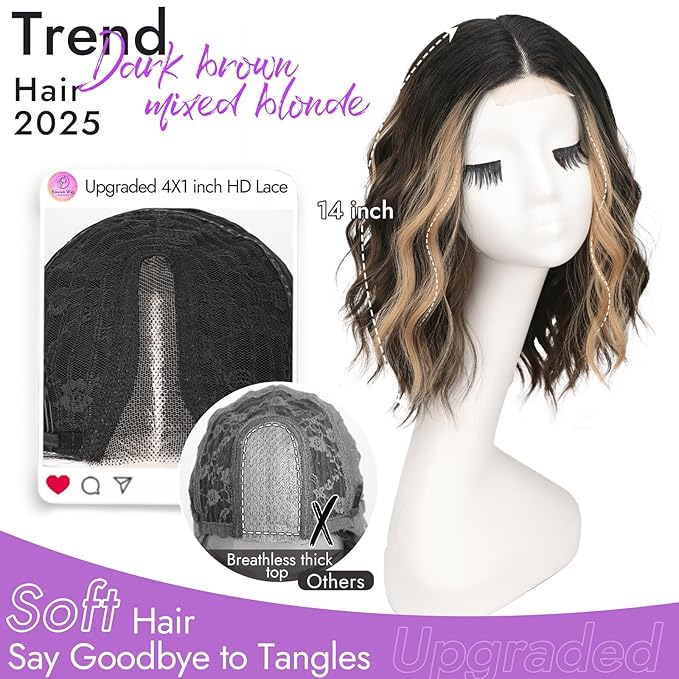 Dark Brown Mixed Blonde Short Wavy Wig for Women Lace Hairline Bob Style Synthetic Heat Resistant - Natural Appearance for Everyday Hairstyle 14 Inch
