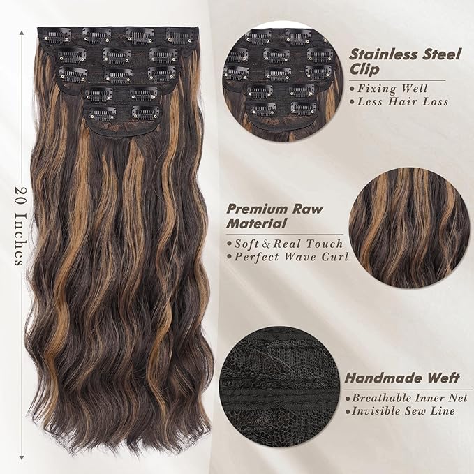 BARSDAR Wavy Clip in Hair Extensions - 20 Inch Highlight Clip in Hair Extensions for Women - 5PCs Thick Soft Synthetic Loose Wave Balayage Extensions Hairpieces – Dark Brown with Highlights