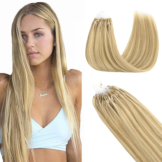 GOO GOO Micro Link Tip Hair Extensions, Real Human Hair, 22inch 50g 50S, Cold Fusion, Invisible Remy, 16/22 Light Blonde Highlighted Golden Blonde