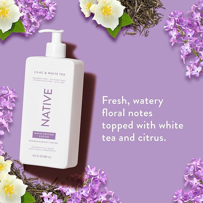 Native Body Lotion Contains Naturally Derived Plant-Based Moisturizers for Women and Men | Restores Dry Skin, Lilac & White Tea, 16.5 fl oz