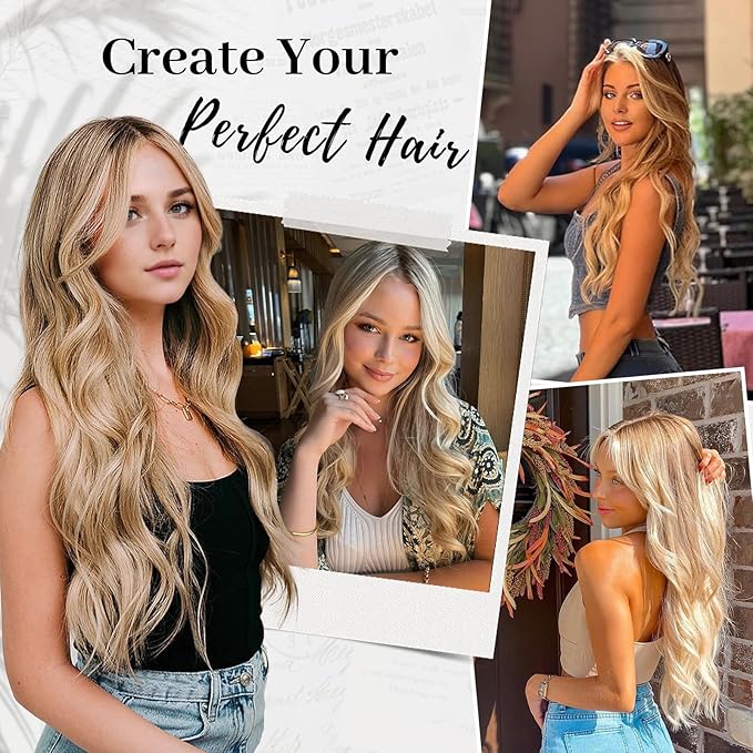 KooKaStyle Invisible Wire Hair Extensions with Transparent Headband Adjustable Size 4 Secure Clips Long Wavy Secret Wire Hairpiece 10H24#Dirty Blonde Mixed Bleach Blonde 16 Inch for Women