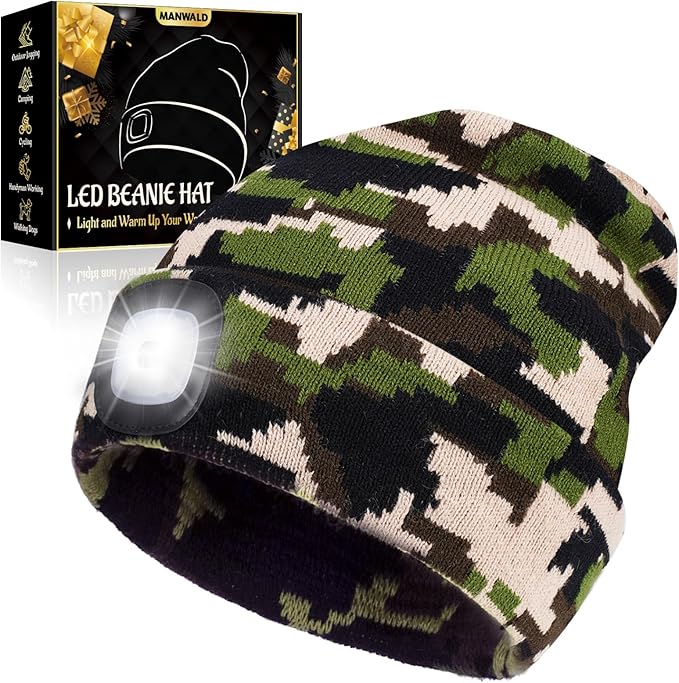 LED Beanie Hat with Light, USB Rechargeable LED Headlamp, Gifts for Men, Christmas Stocking Stuffers for Men Adults, Birthday Gifts for Him Dad Husband, Boyfriends, Black, Camouflage