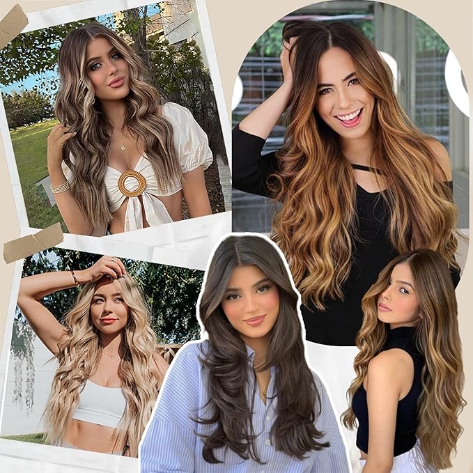 22 Inch Clip In Hair Extensions 7 PCS Long Wavy Synthetic Black Hair Extension & Natural Soft Invisible Clip Thick Hairpieces for Women Daily(20Inch, 7pcs, Dark Gray Mixed Shiny Silver)