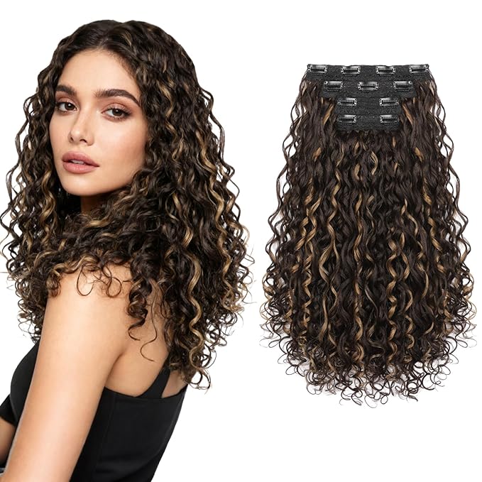 FLUFYMOOZ Clip in Hair Extensions, 18'' 4PC 100％ Pure Protein Silk Curly Hair extension for Women Lace Weft Hairpiece Natural Soft and comfortable for Daily Use-Brown with Deep Blonde Highlights
