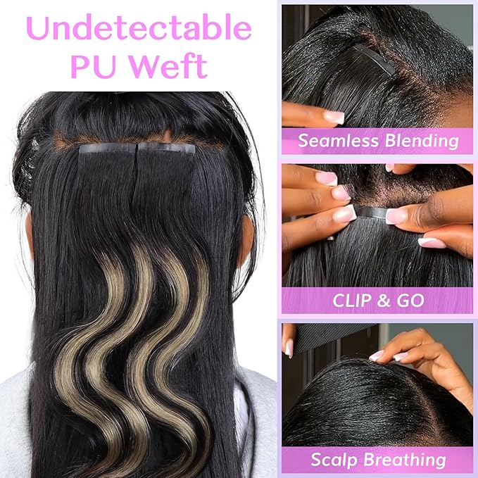 IDN BEAUTY Seamless Clip In Hair Extensions Human Hair, 110g 14 Inch, 1B/19/1B Natural Black to Light Blonde Remy Hair Body Wave Seamless Clip Ins For Black Women PU Weft Invisible Edge 7pcs