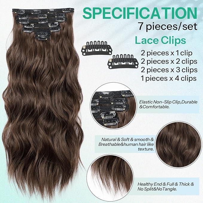 KooKaStyle Clip in Hair Extensions for Women,Chocolate Brown with Dark Brown 7PCS 16 Inch Hair Extensions Clip Ins Soft and Natural Hair Pieces for Women Thick Long Wavy Hair