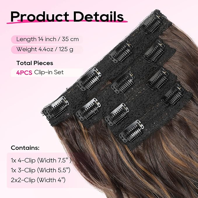 REECHO Clip in Hair Extensions - 4PCS 14" Short Beach Wavy Hairpieces with Invisible Lace Weft - Deep Brown with Highlights