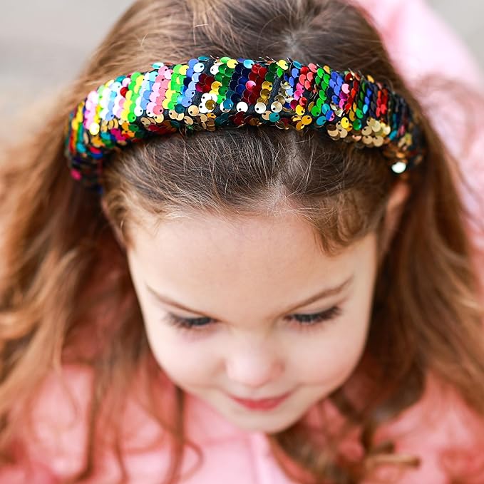 FROG SAC Sequin Headband for Girls, Wide Headbands for Kids, Sparkly Reversible Sequined Toddler Hair Bands, Sparkle Head Band Hair Accessories, Easter Basket Fillers Stocking Stuffers (Rainbow/Gold)