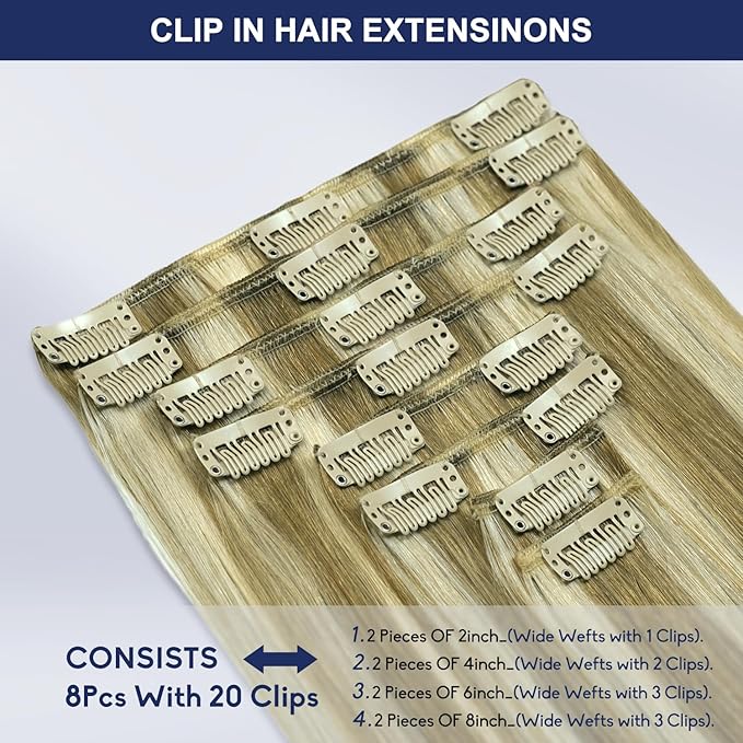 Blonde Clip in Hair Extensions, 16 Inch 90g, 8p613 Mixed Bleach Blonde, Invisible Seamless Straight Remy Blonde Hair Extensions Clip in 8pcs Per Set with Double Weft