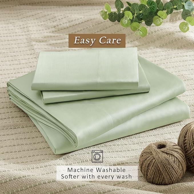 TOSMO Luxury Cooling Sheet Set - 100% Viscose from Bamboo, 3-Piece Bedding Set (Twin Size) - 18” Extra Deep Pockets, Oeko-Tex Certified, Silky Soft and Breathable, Light Green