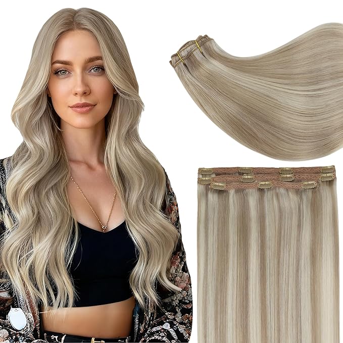 Full Shine Human Hair Clip in Extensions Golden Blonde Highlights Medium Blonde Seamless Hair Extensions Clip in Blonde Invisible Clip ins Natural 18 Inch 3 PCS 60 G
